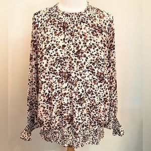 Ophelia Roe Cream Brown Animal Print Smocked Neck Long Sleeve Casual Blouse 3X